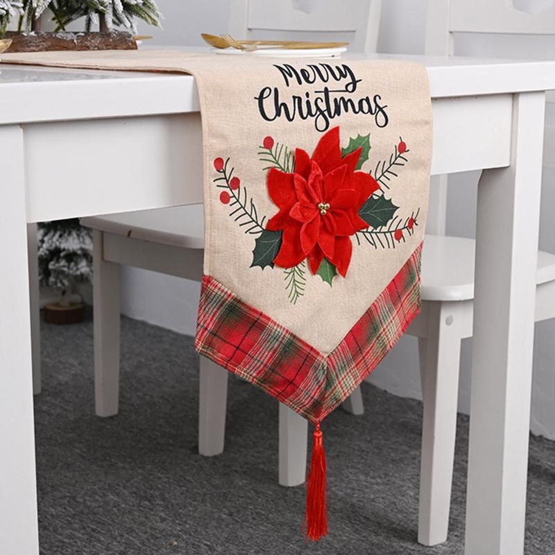 Merry Christmas Table Runner  Red Flower Indoor Outdoor Home Party Decoration