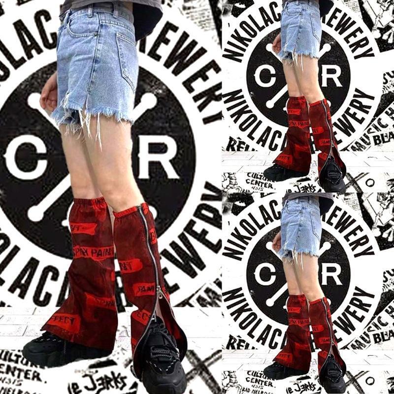 Harajuku Women Red Flared Leg Warmers Punk Letters Side Zipper Foot Cover Socks