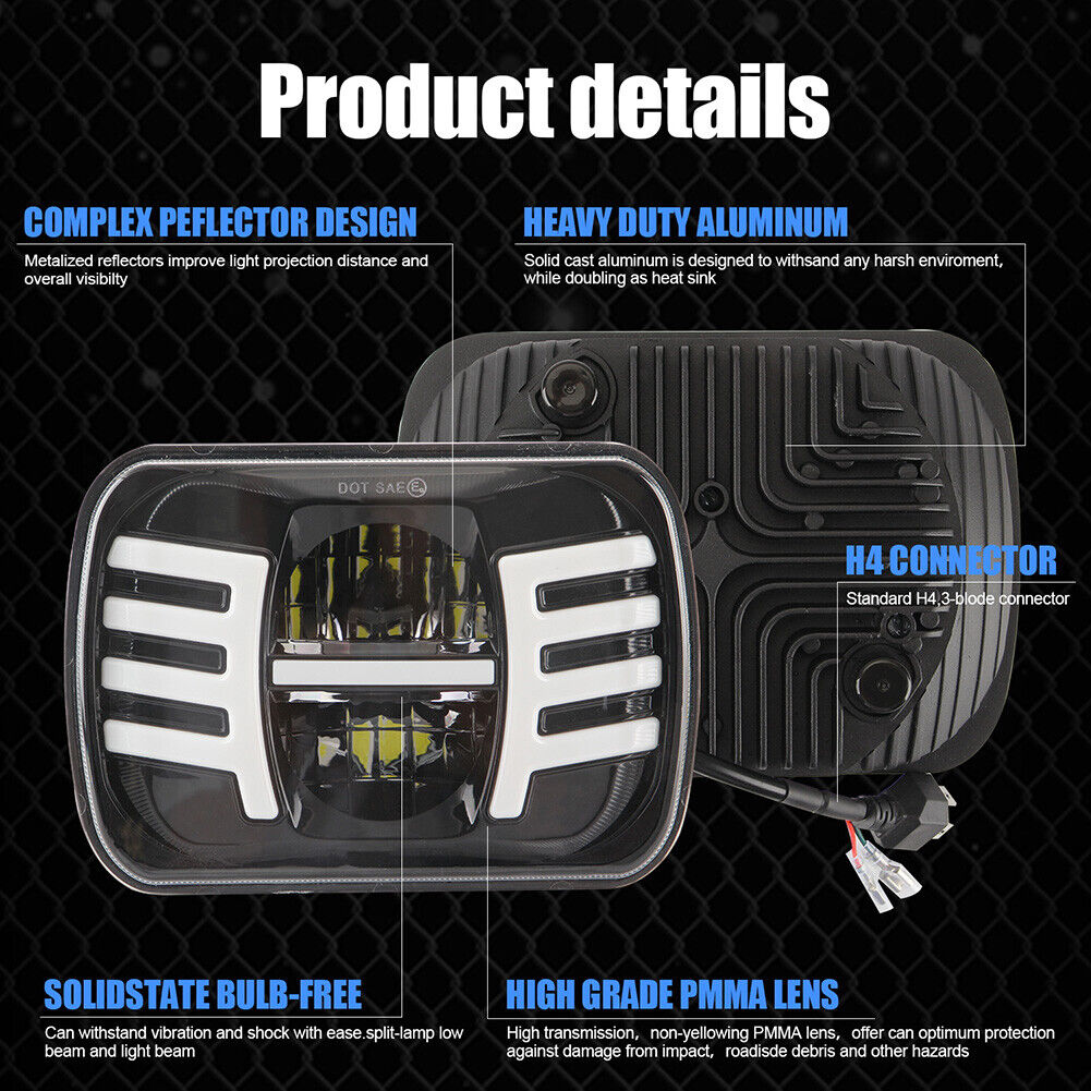 5x7 7x6 Square LED Headlight w/DRL Turn Signal for Jeep Chevy Express Astro
