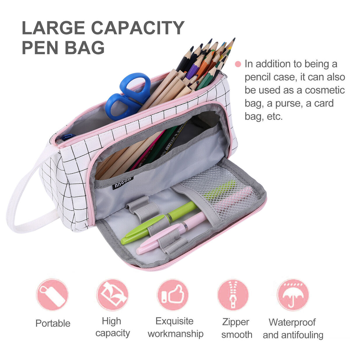 Large Capacity Pouch Holder-Pencil Case Linen Cosmetic Bag with Zipper
