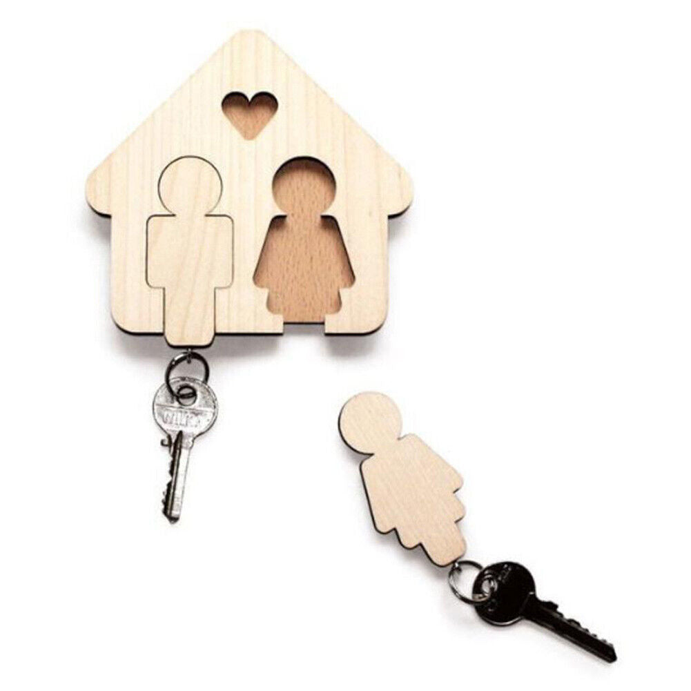 Wooden Key Chain Couples, Set of 2 Keys Ring with Matching Magnetic Hanger