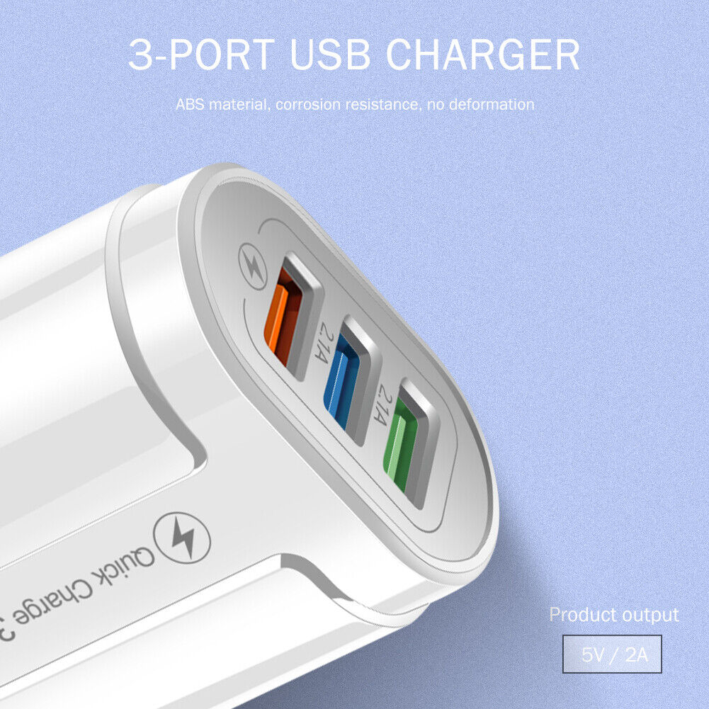 US Plug 3 Port USB Charger QC3.0 Wall Phone Fast Charging Adapter (White)