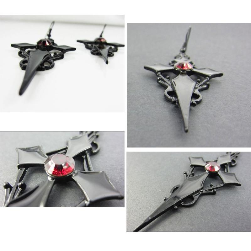 Halloween Steampunk Black Cross Metal Red Rhinestone Ear Pendant Jewelry Gifts