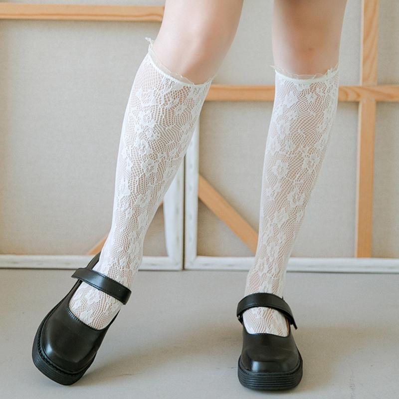 Women Fishnet Lace Knee High Socks Flower Vine Pattern Ruffle Trim Stockings