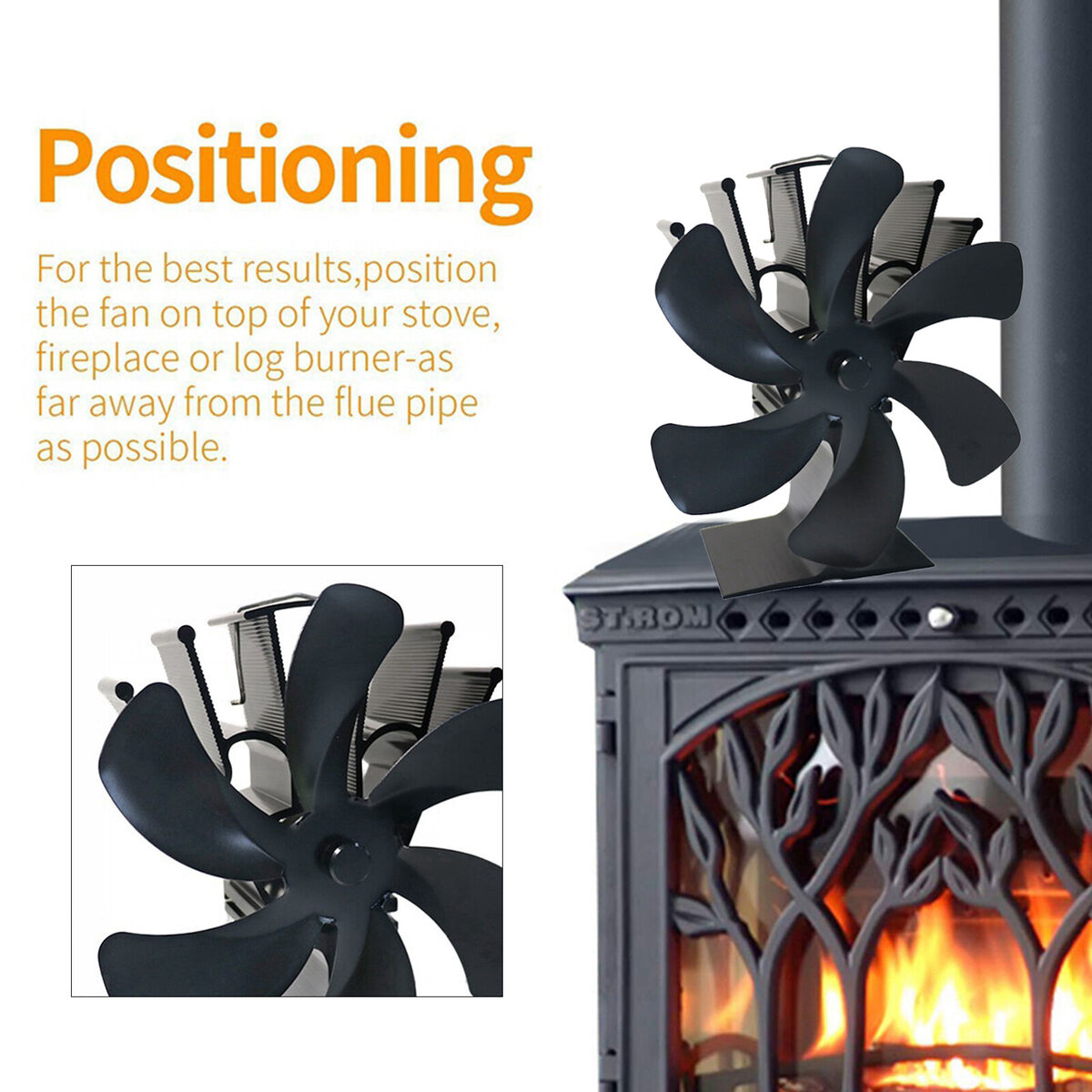 Fireplace Fan Heat Powered  Stove Eco 6-Blade  Motor with Temperature