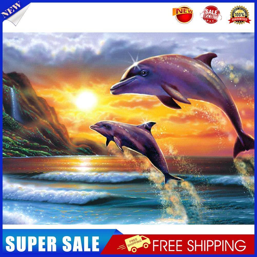 Diamond Painting Sunset Dolphin DIY Full Round Drill Wall Picture 40x30cm
