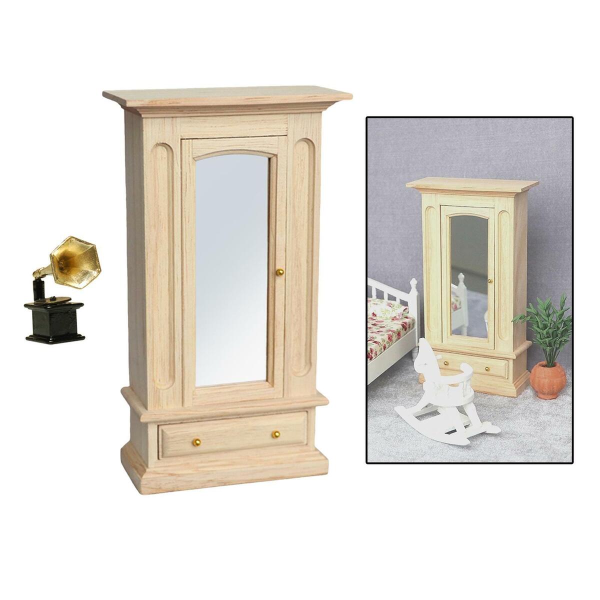 2x 1:12 Scale Wooden Mirror Wardrobe with Phonograph Bedroom Decoration