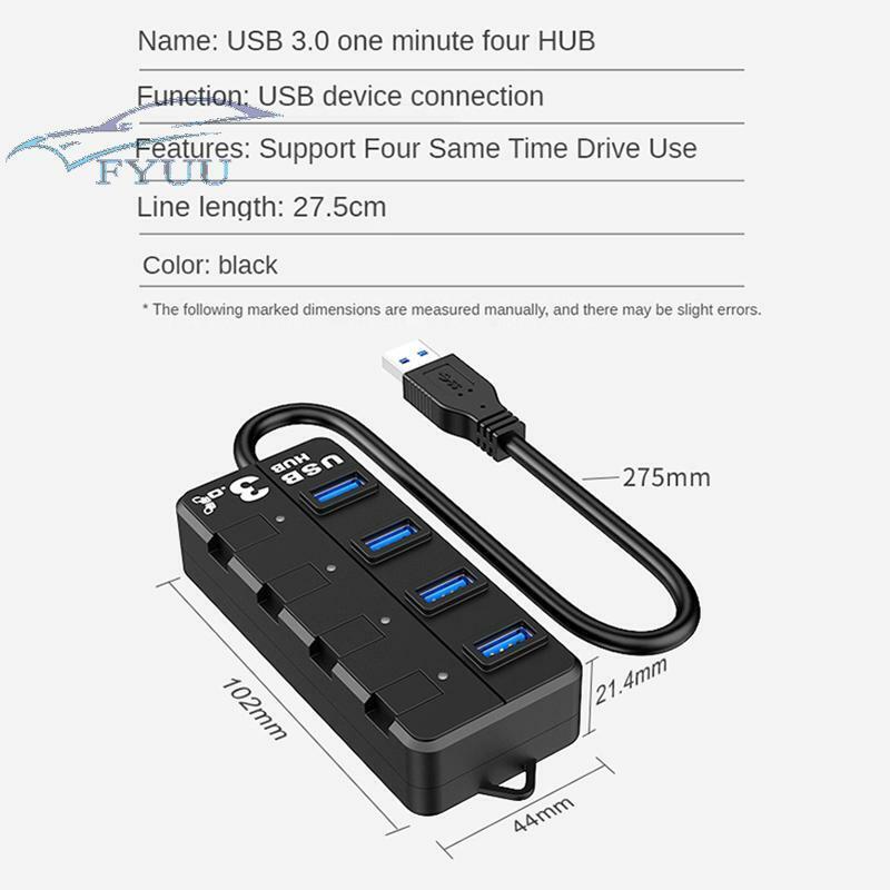 USB3.0 Hub Splitter Adapter 4 Port On/Off Switch Dock Station Use For PC Laptop