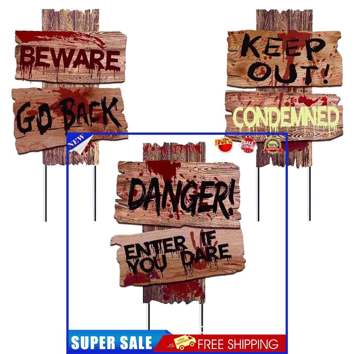Halloween Yard Sign Stakes Outdoor Creepy Beware Danger Warning Sign 3pcs