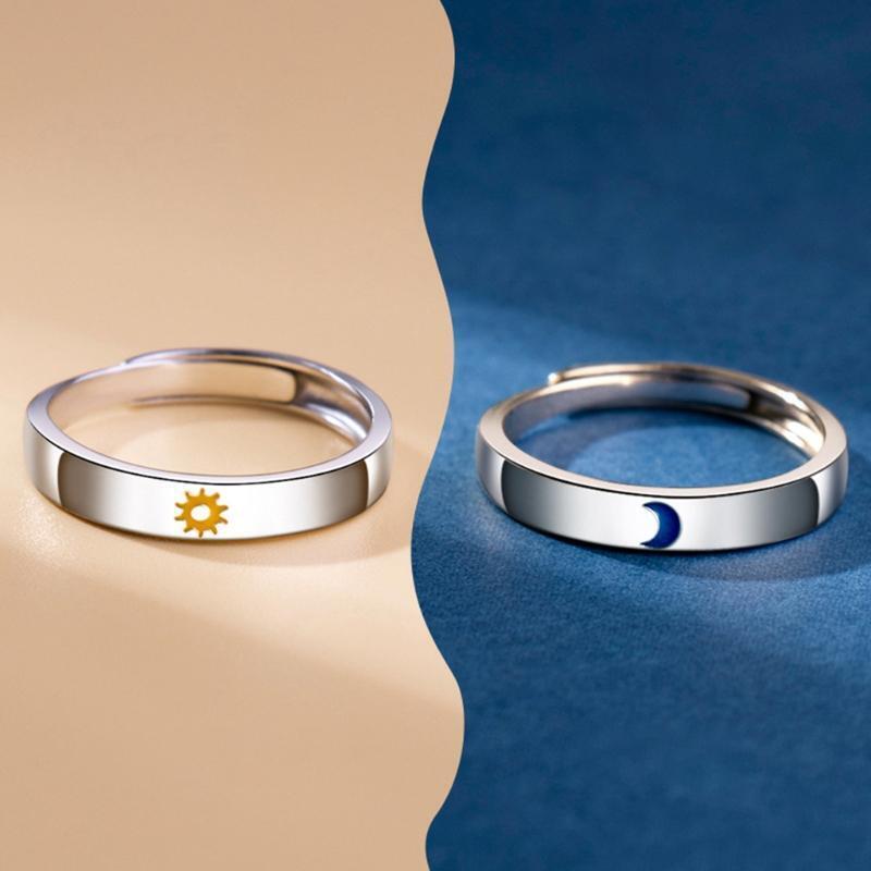 2 Pcs Sun and Moon Couple Rings Copper Polish Lovers Adjustable Ring for Her