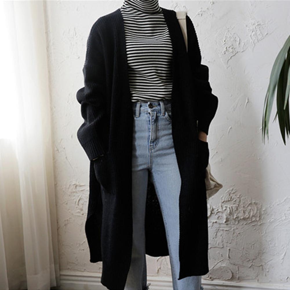 Women Long Sleeve Solid Knitted Autumn Winter Chic Sweater Coat (Black)