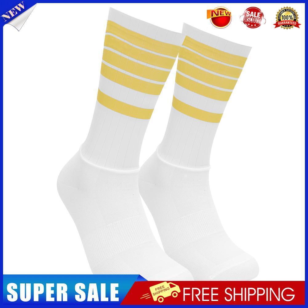 Anti-slip Sports Socks Women Men Cycling Calf Length Socks (Yellow Stripe)