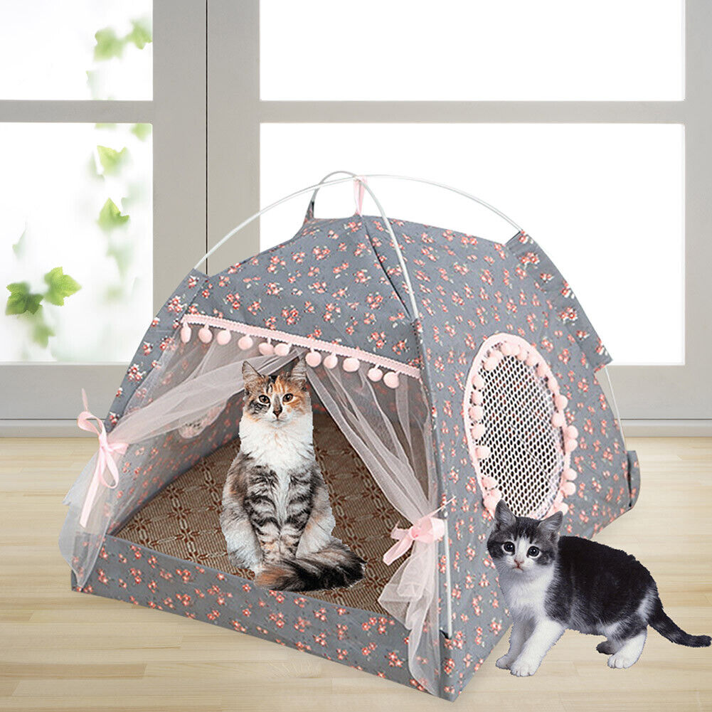 Dog Bed Cat Tent House Mat Puppy Kennel Cushion Pet Pad Supply (Grey M)
