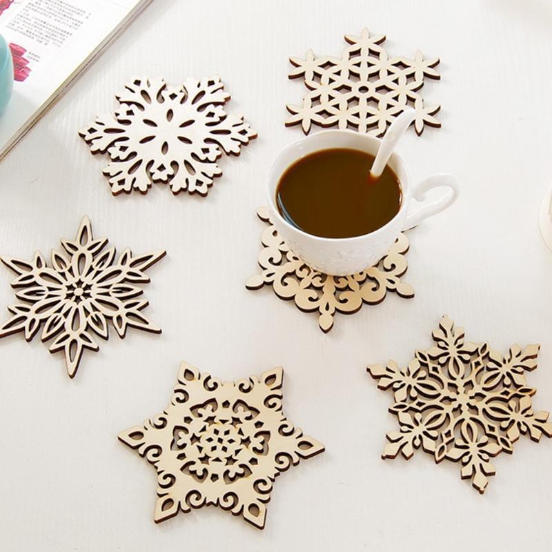 Wooden Snowflake Coasters Holder Coffee Tea Drinks Cup Mat Placemat XMAS Decor