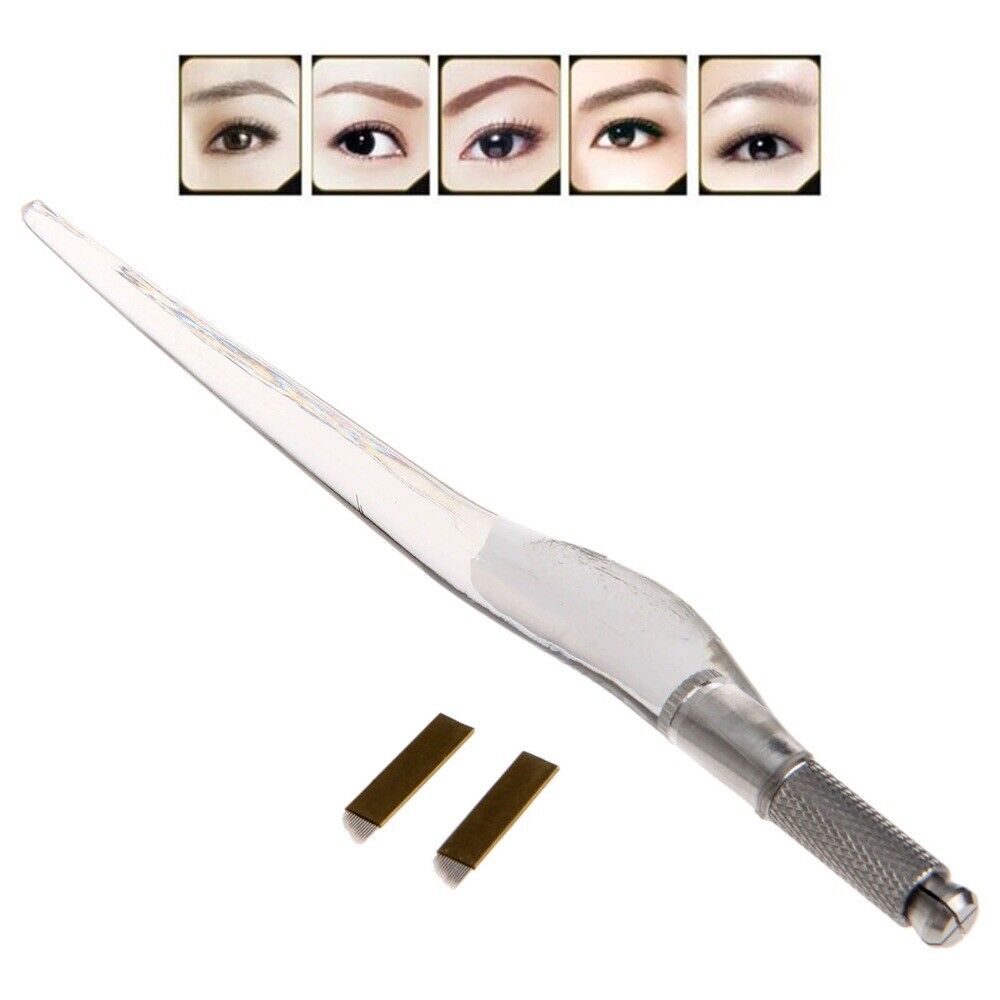 2 in 1 Set 5.79in Manual Eyebrow Tattoo Pen & 5Pcs 14pin Needles Bevel Blades