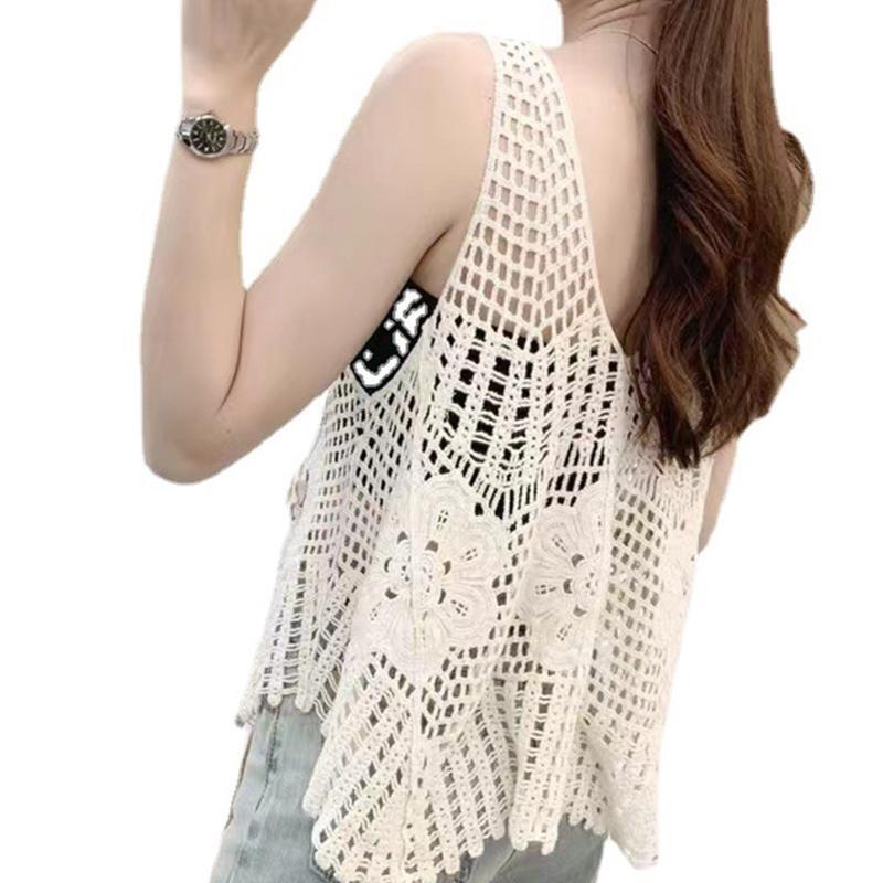 Women Crochet Sleeveless Tank Top V-Neck Hollow Knit Floral Beach Sweater Vest