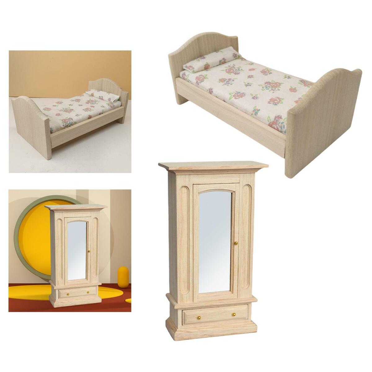 Mini 1:12 Wardrobe & Double bed and bedroom Life Scene Furniture Supplies Decor