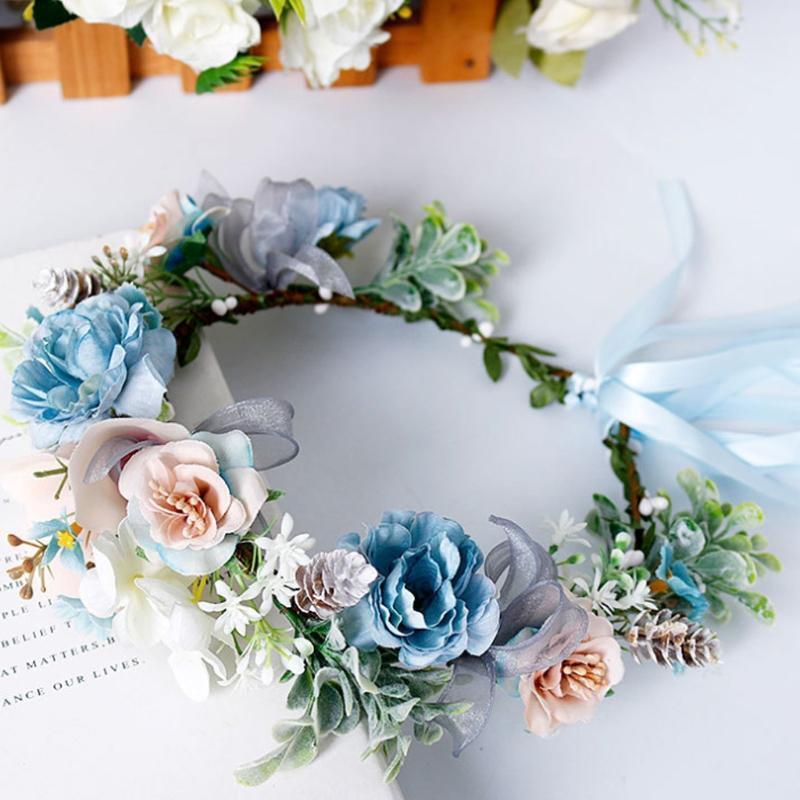 Bride Blue Flower Crown Hairband Wedding Floral Headband Garland Hair Accessory