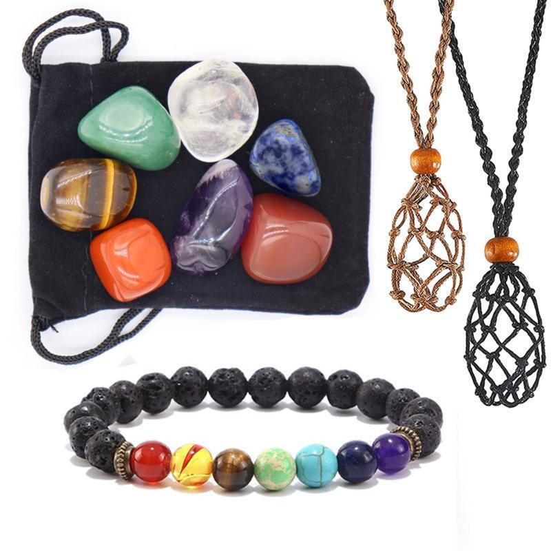 Woven Natural Stone Pendant Necklace Net Pocket Hollow Handmade Bracelet Jewelry