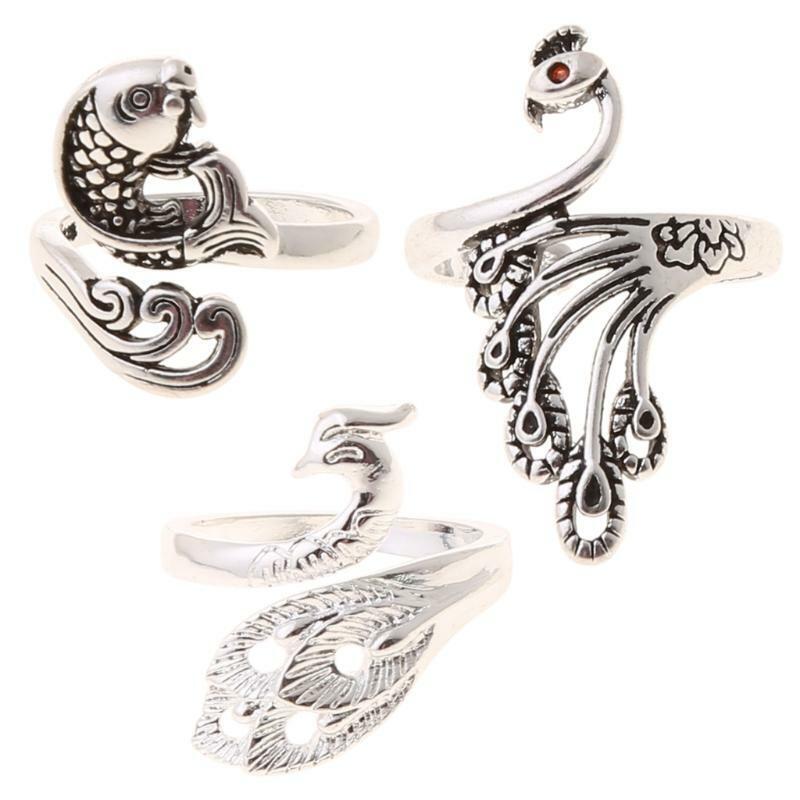 3Pcs Knitting Loop Crochet Ring Set Adjustable Fish Peacock Braided Rings