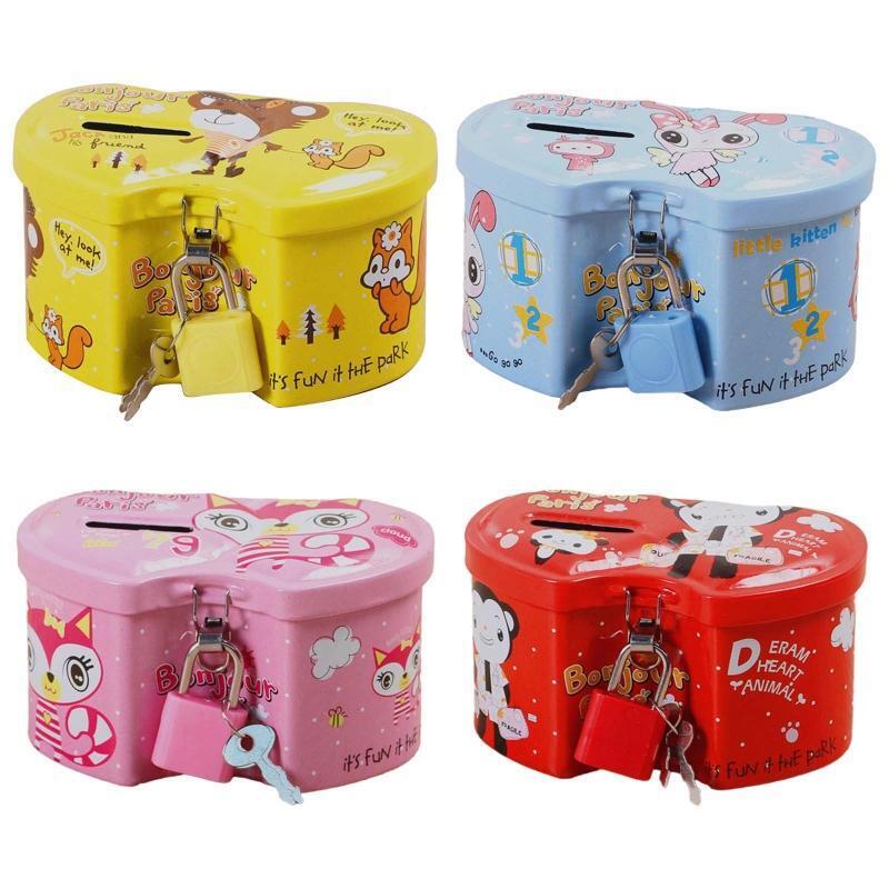 Small Double Heart Piggy Bank Metal Tinplate Coin Storage Box with Lock
