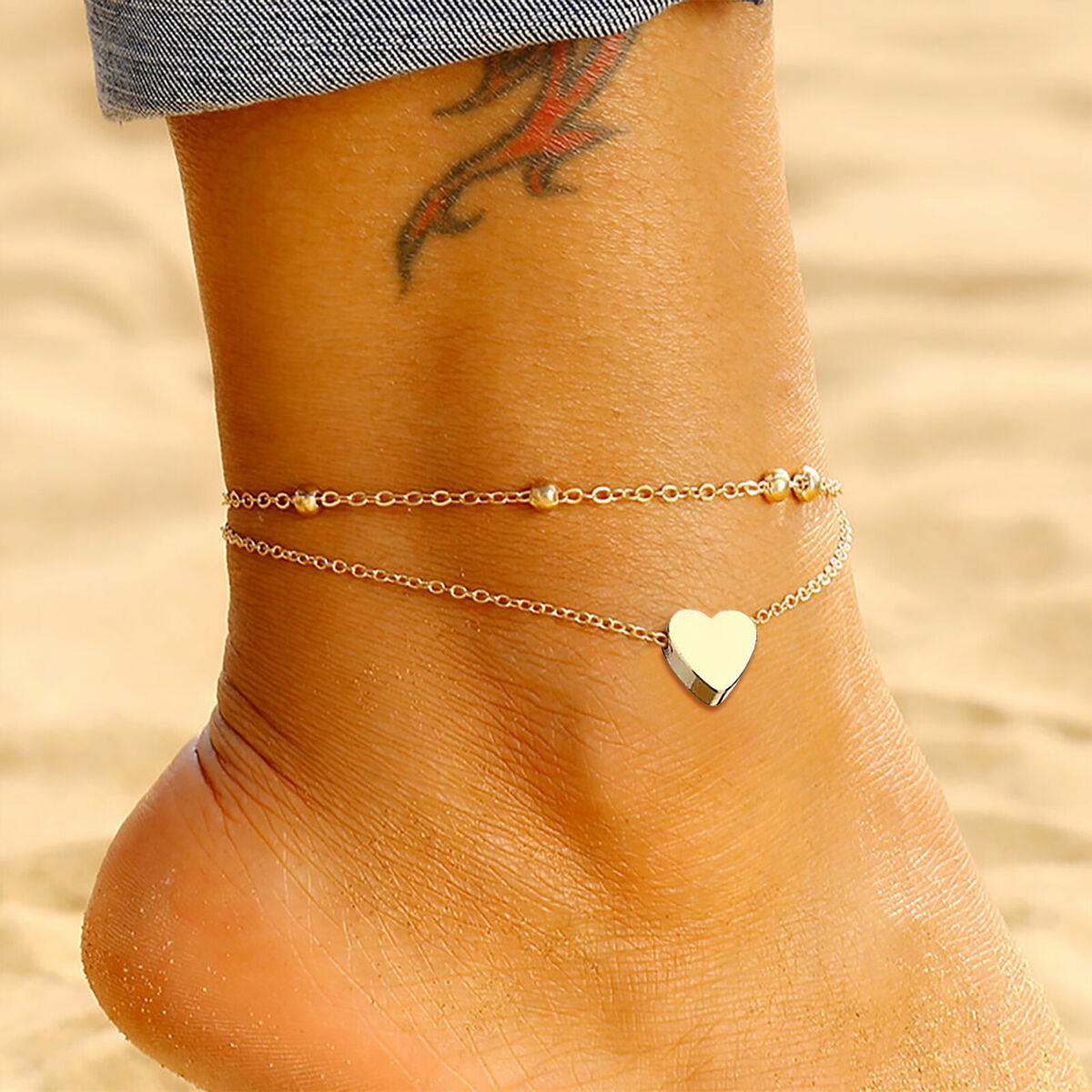 Layered Anklet - Double Foot Ankle Chain Bracelet for Women Girls Heart