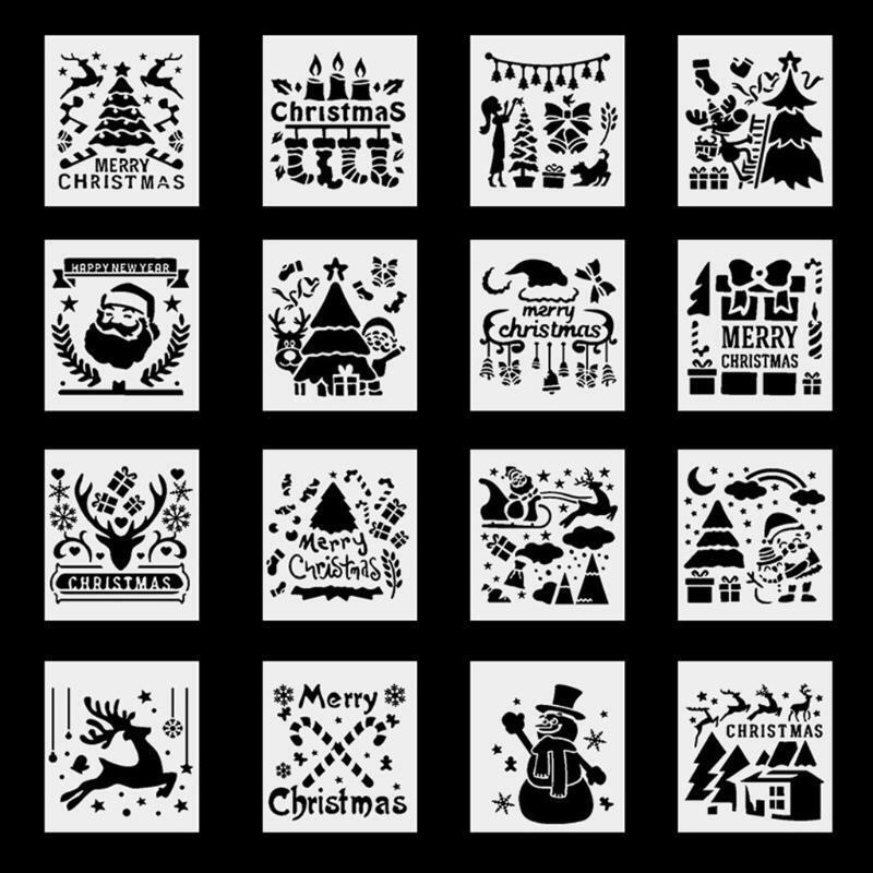 16 Pcs Christmas Stencils Painting Templates DIY Crafts Scrabooking Drawing Gift