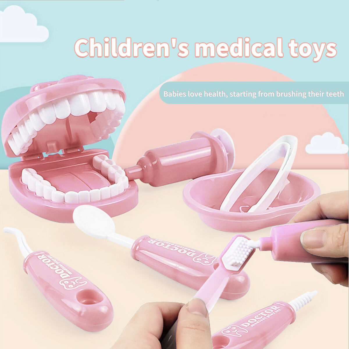 Dentist Kit Pretend Play Doctor Playset for Toddlers 9pcs Ages 3+ (Pink)