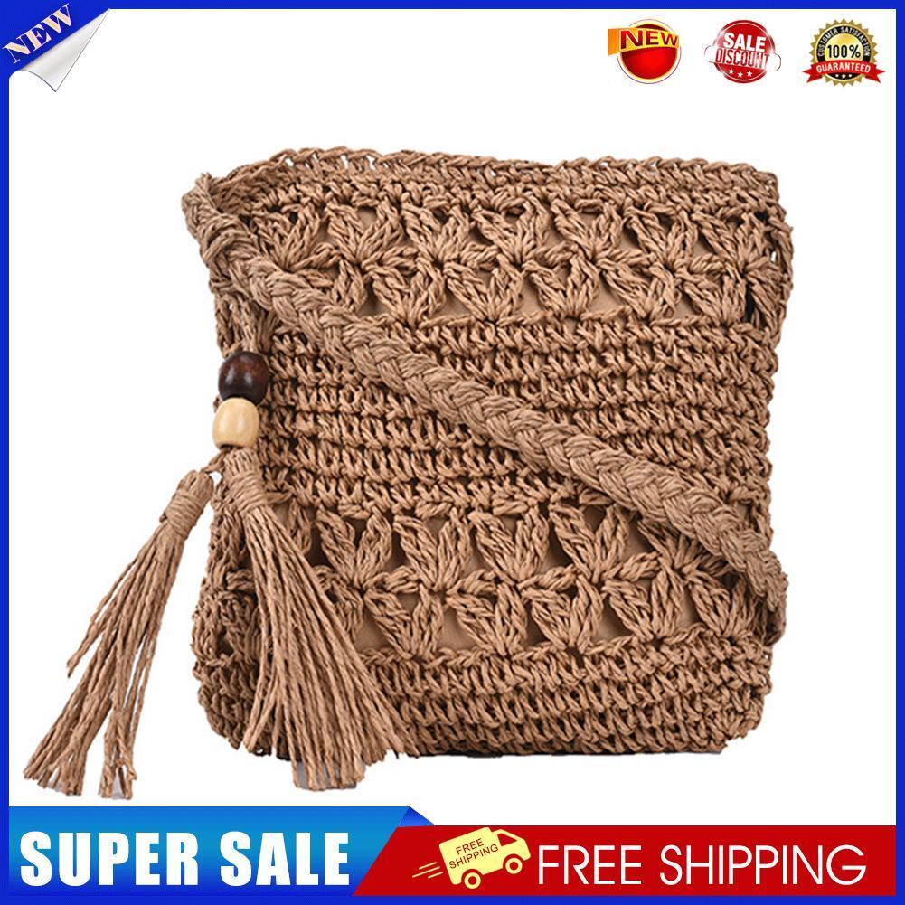 Woven Straw Crossbody Bag Small Women Boho Summer Handbag (Square Khaki)