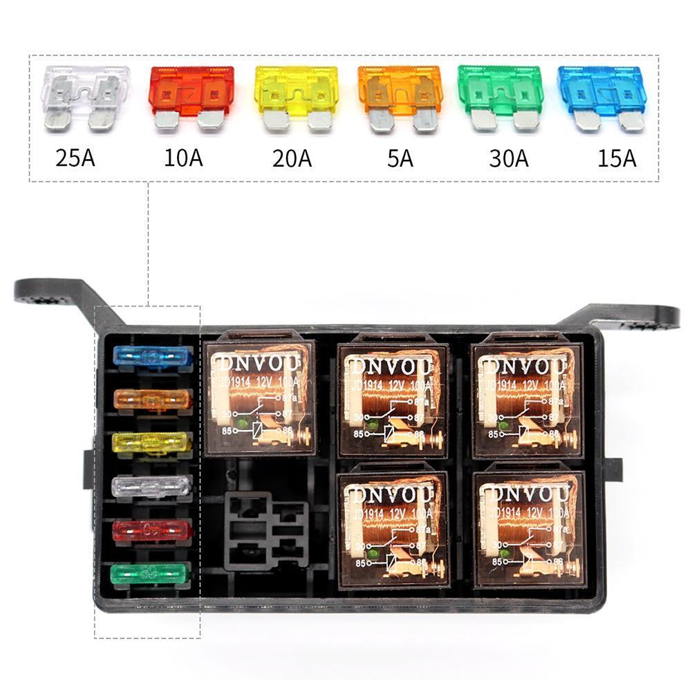 Universal 12V Car Marine 6-Way Relay+ 6-Slot ATO/ATC Blade Fuse Holder Box