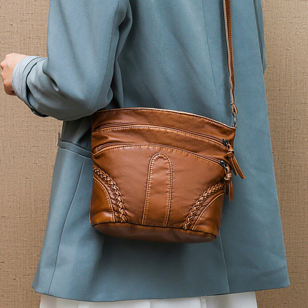Washable Soft PU Messenger Bag Women Multi Pocket Shoulder Pouch (Brown)