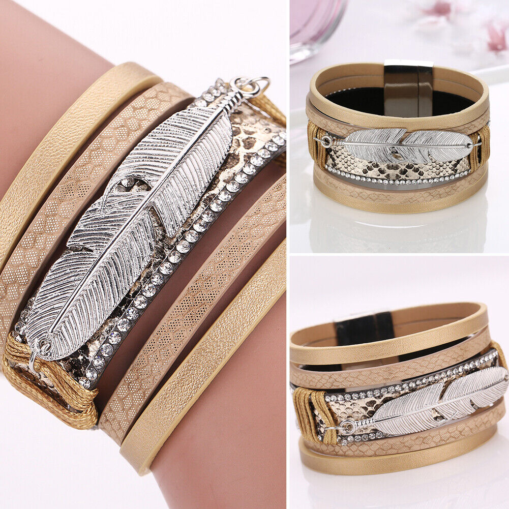 Alloy Feather Leaves Wide Magnetic Leather Bracelets Multilayer(Yellow)