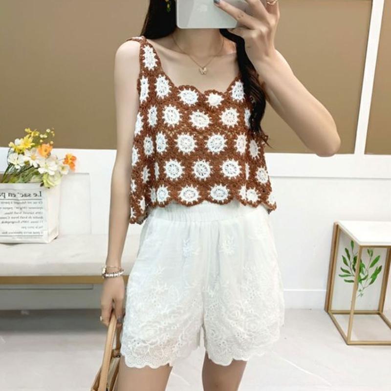 Hollow Knit Contrast Color Beach Crop Tank Top Women Crochet Flower Camisole