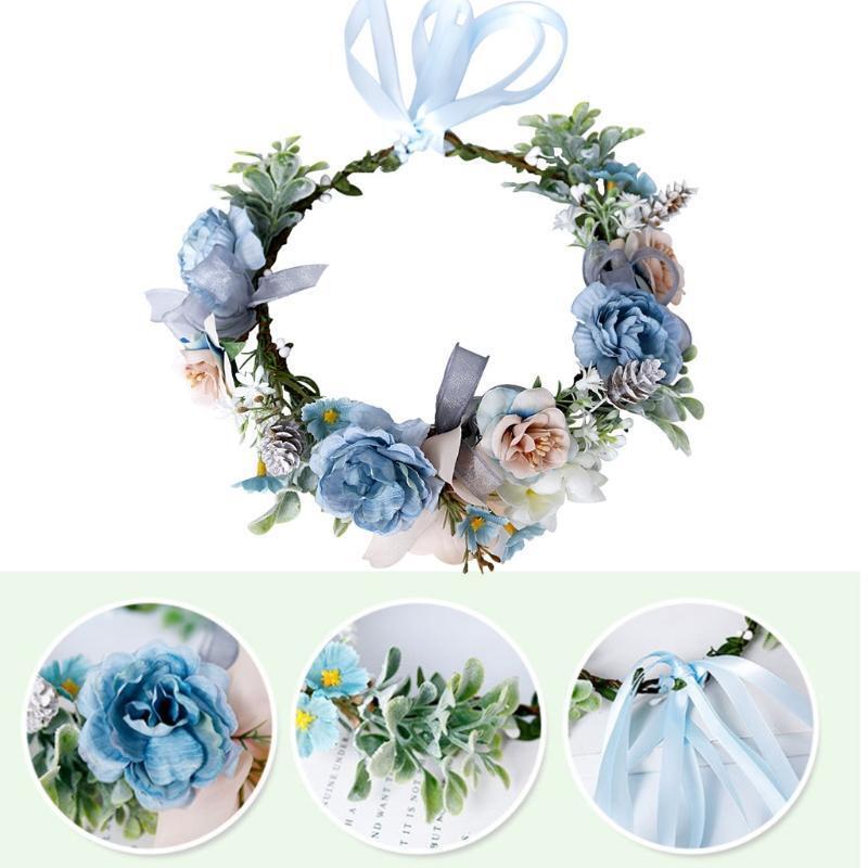 Bride Blue Flower Crown Hairband Wedding Floral Headband Garland Hair Accessory