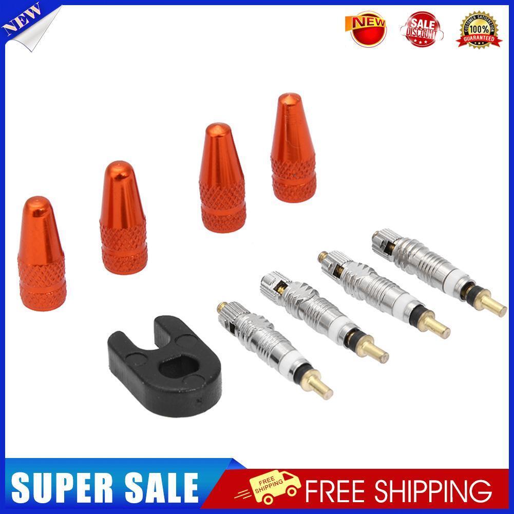 4pcs Presta Valve Stem Caps+ 4pcs Valve Cores+ Wrench Tool Kit (Red)