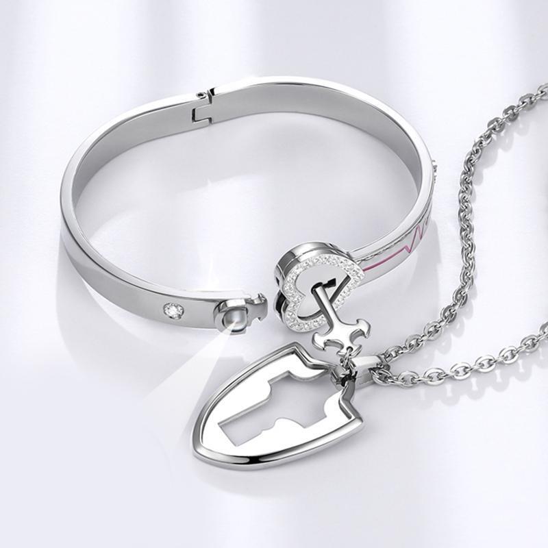 Couple Lovers Puzzle Titanium Steel Love Heart Lock Bangle Key Pendant Necklace