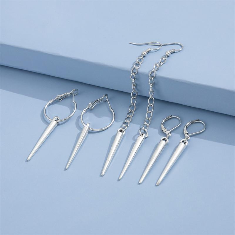 3 Pairs Punk Rock Metal Cone Circle Hoop Earrings Long Chain Dangle Earrings