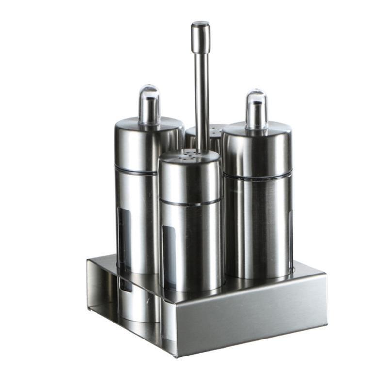 4 Pcs Stainless Steel Spice Jars Set with Storage Rack Cruet Condiment Salt Tool