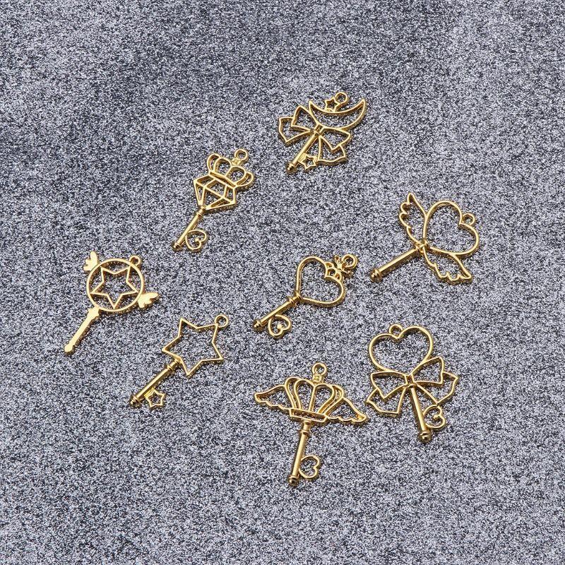 8 Pieces Exquisite Open Bezel Pendants Charms Wand Heart Key Shape Hollow Charm