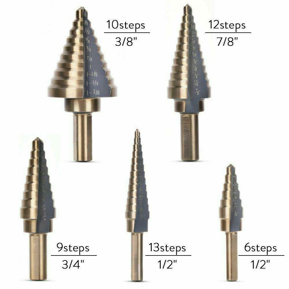 5x Step Drill Bit HSS Spiral Grooved Cutting Drill for Woowork with Case