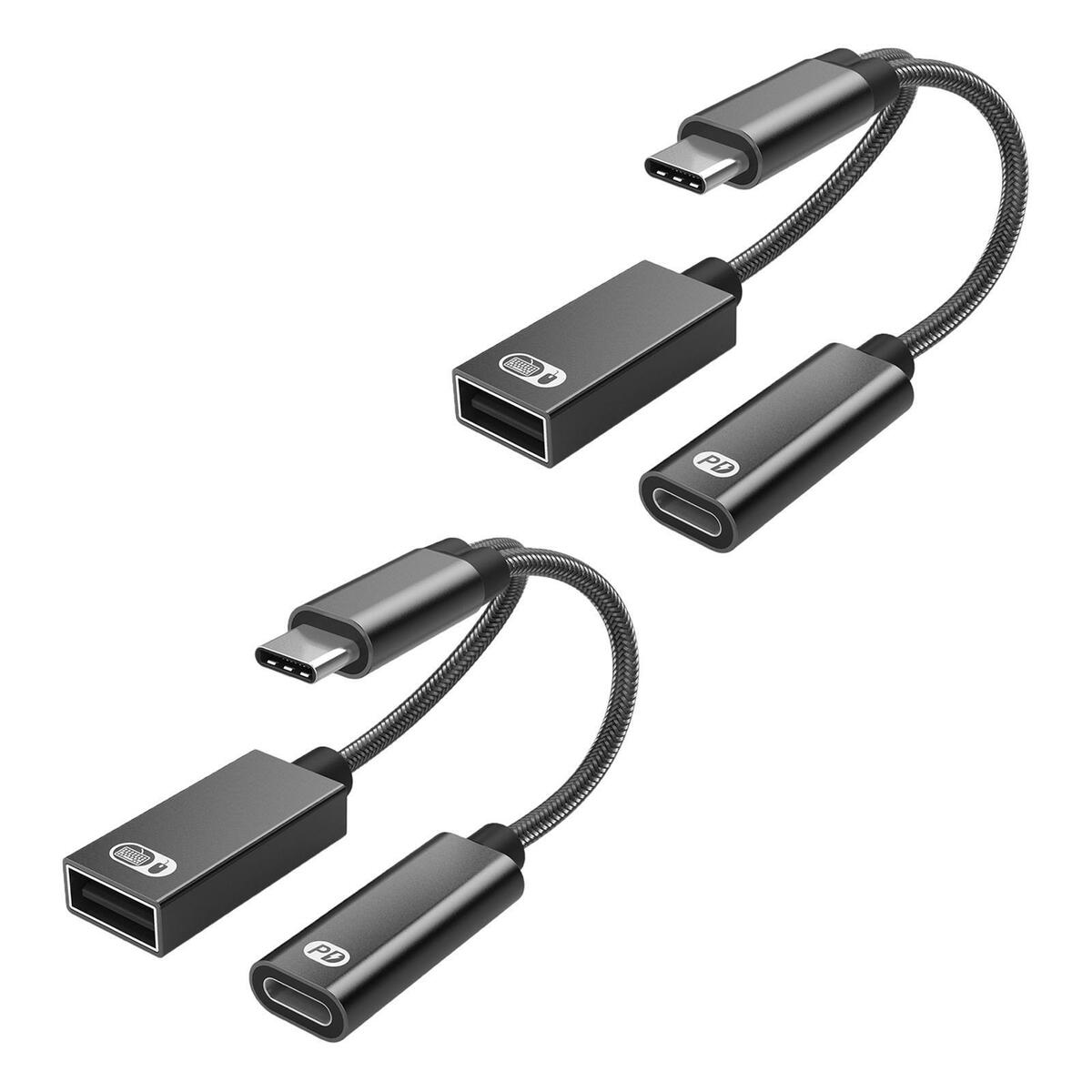 2x  OTG Adapter with Fast Charging Braided Cord PD 60W for Laptop black