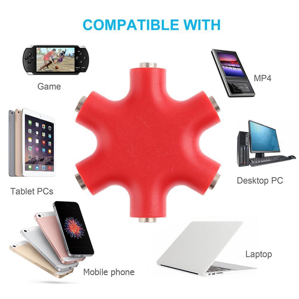 3.5mm Jack 6 Way Multi Port Hub Aux Headphone Audio Cable Adapter (Red)