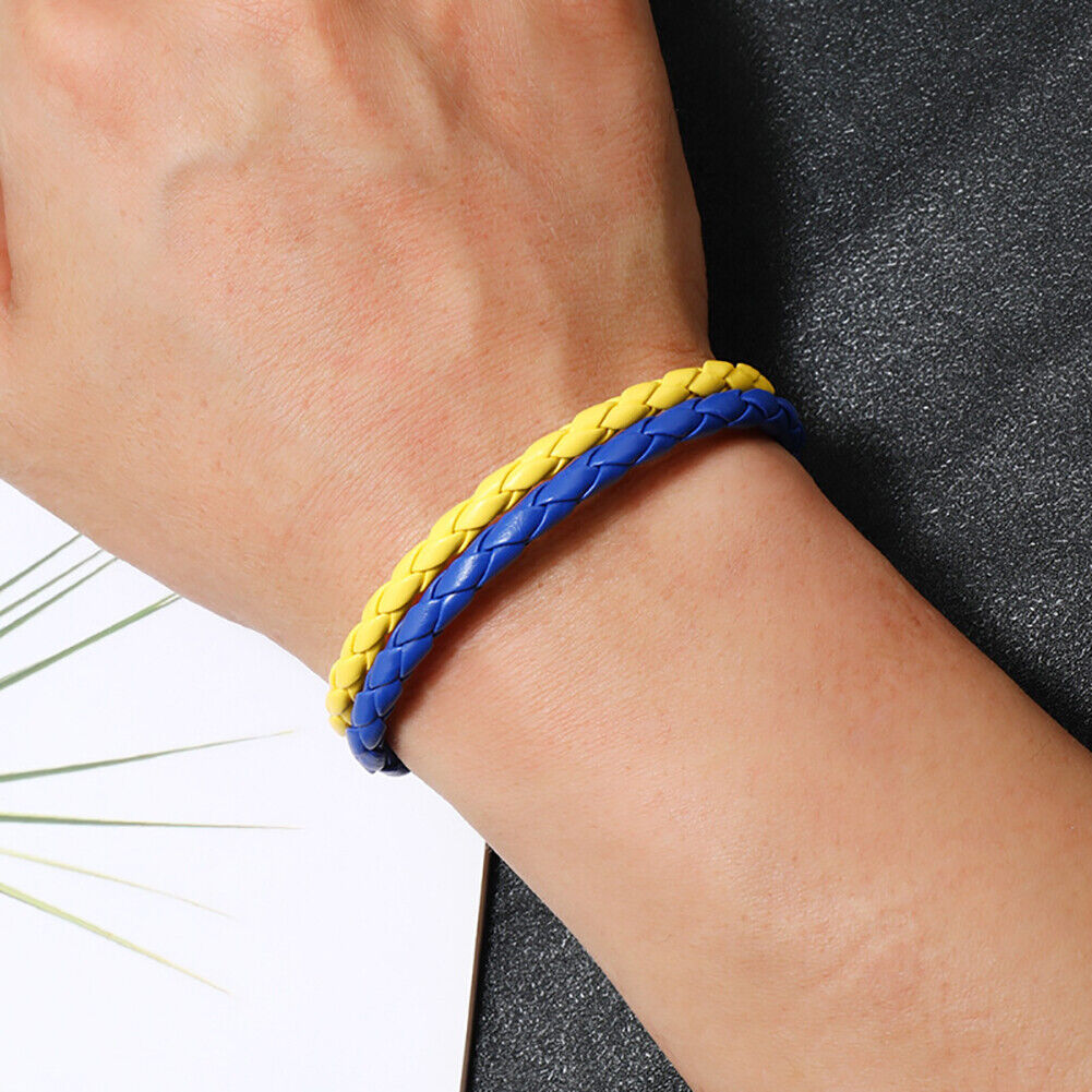 Ukraine Flag Bracelet Men Women Braided Woven Leather Blue Yellow Bangles