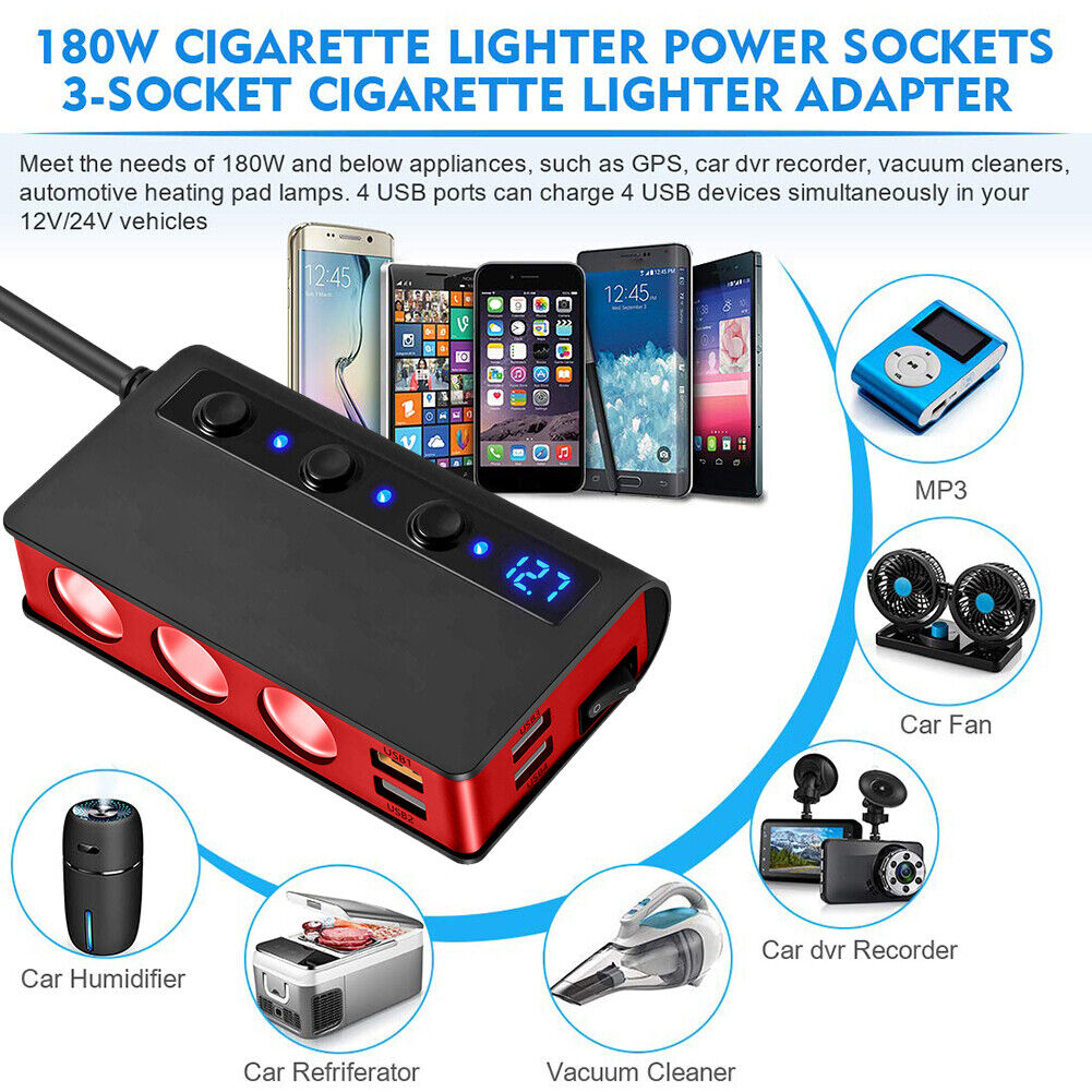 QC3.0 Cigarette Lighter 3 Socket 180W Power Adapter USB Car Charger (Red)
