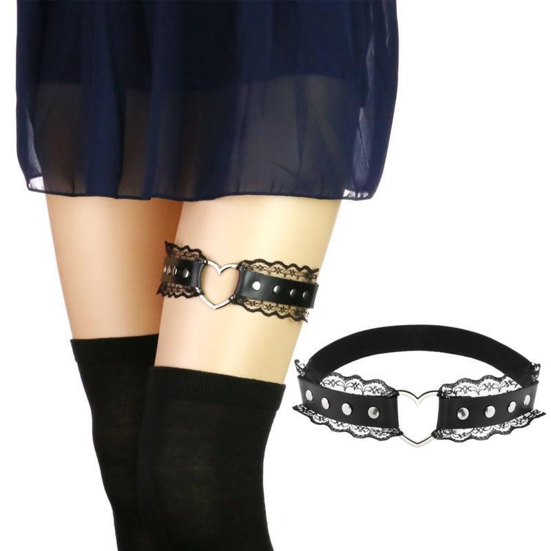 Women Punk PU Leather Belt with Pleated Lace Ladies Gothic Rock Leg Chain