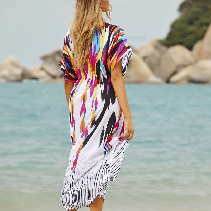 Women Boho Rainbow Stripes Print Bathing Suit Cover Up Beach Long Dress Kaftans