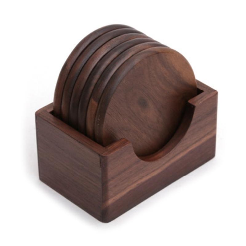 6Pcs/Set Walnut Wood Coasters Placemats Decor Round Heat Resistant Drink Mat Pad