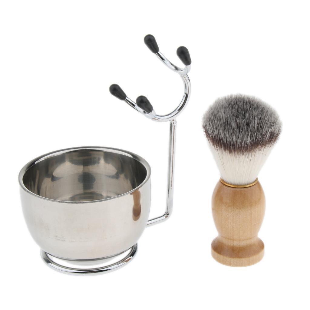 Men's Beard Shaving Brush + Stainless Holder Stand +   Mug Bowl Set