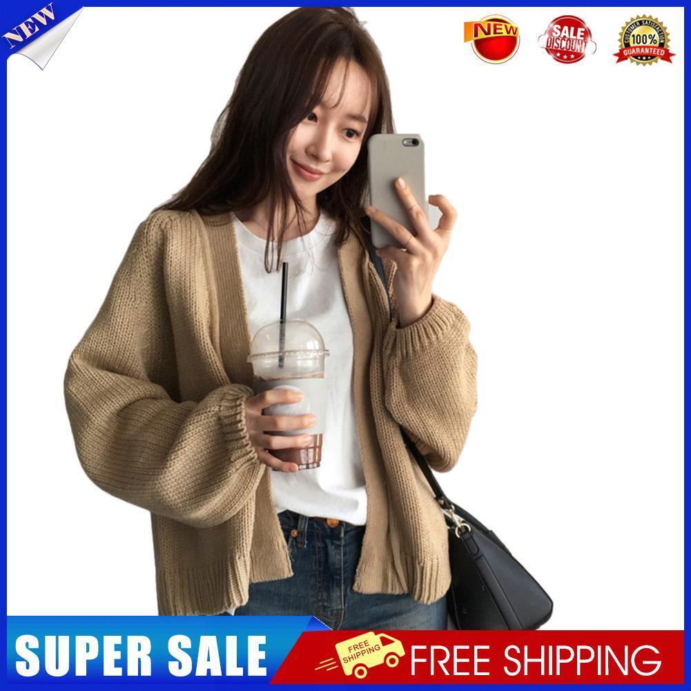 Women Short Style Long-Sleeves Coat Knitted Solid Color Cardigan (Khaki)