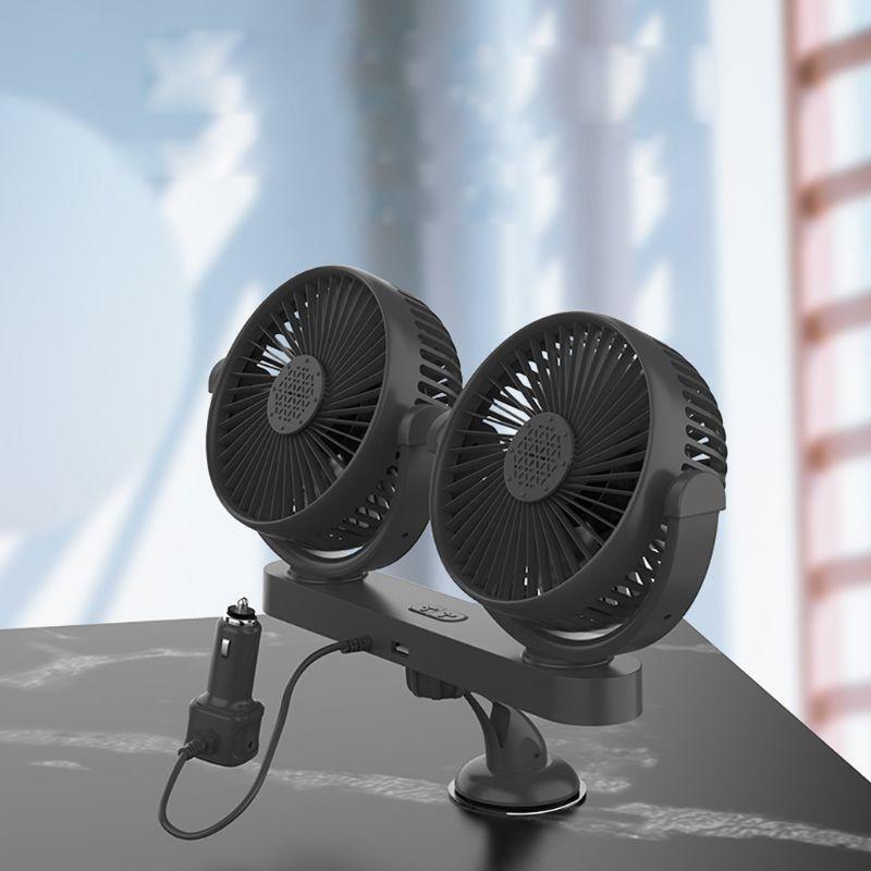 Dual Head 3-Speed 12V 24V Dashboard Car Suction Cup Cooling Fan With USB Charger